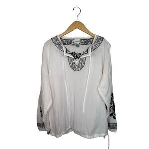 Chico’s Embroidered Peasant Tunic Top Women’s Size 2 L 12 White Brown Pullover